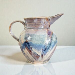 Studio Art Pottery Pitcher 8.5” 3lb Unique Reactive Blue Purple Glaze Signed